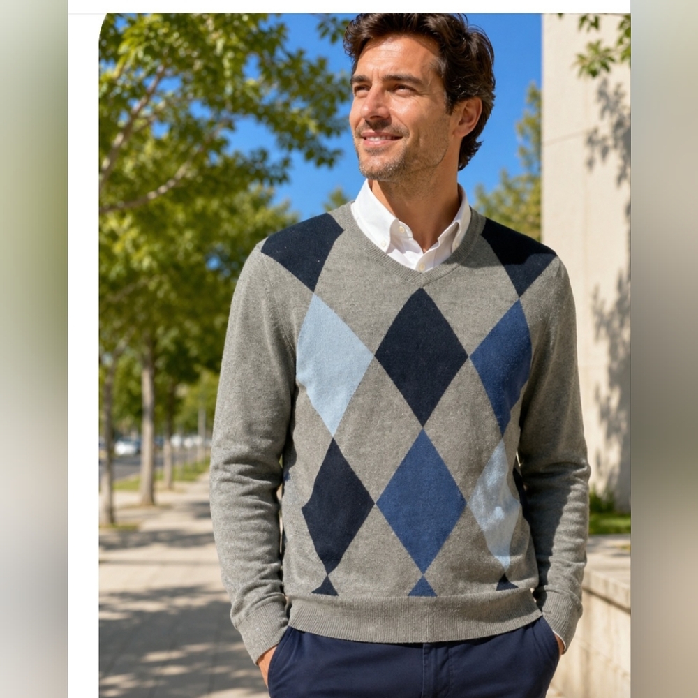 MERONA Men's Argyle Sweater - Gray and Blue Sz M Diamonds